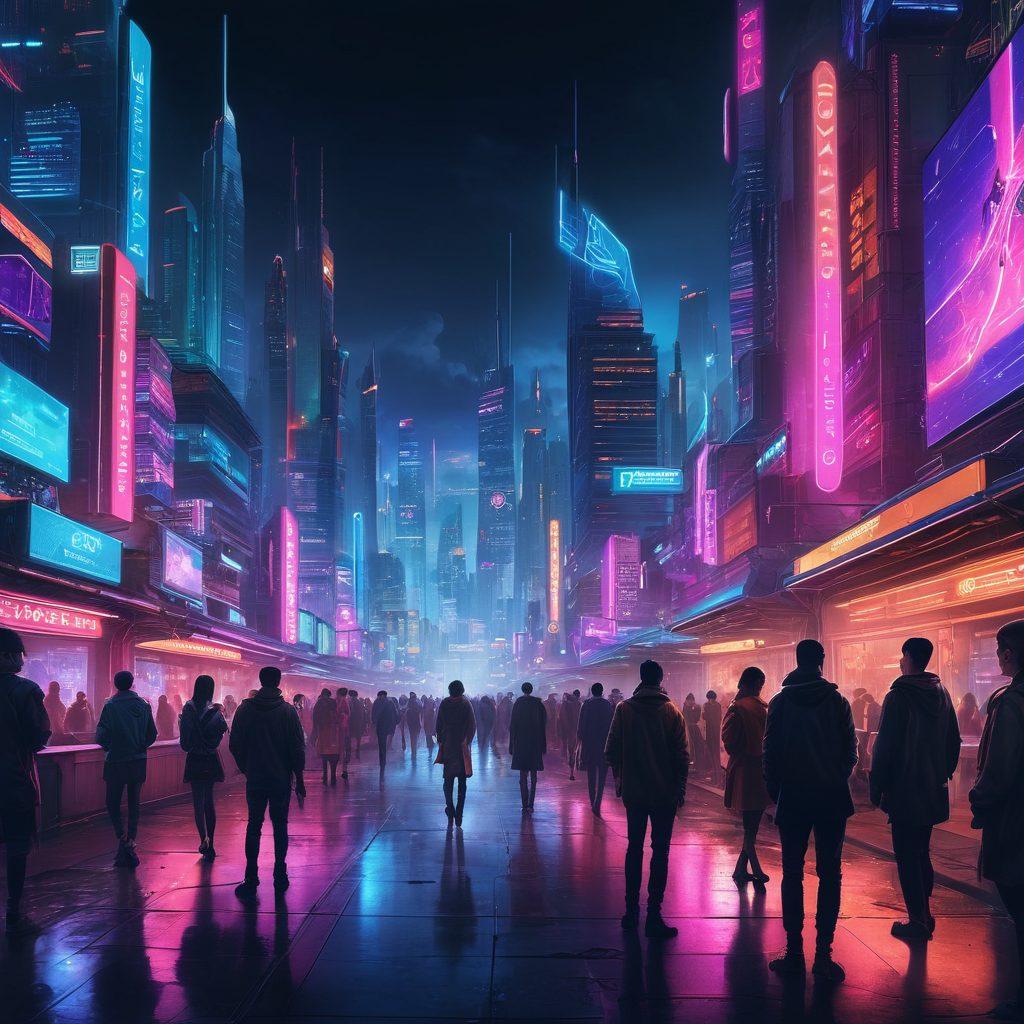 A futuristic city skyline at dusk, illuminated with vibrant neon lights, featuring diverse groups of people engaging in discussions while analyzing futuristic holographic charts and trend graphs. Incorporate local landmarks subtly integrated into the background to embody local insights. The atmosphere should convey a sense of urgency and progression. A mix of technology and community interactions. cyberpunk, super-realistic, vibrant colors.