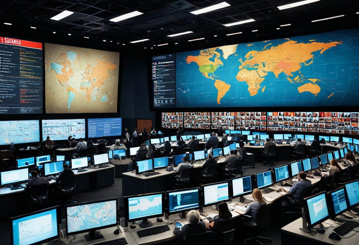A bustling newsroom scene, with journalists busy at desks, stacks of papers, and computers, capturing the essence of daily news. Include an eye-catching digital display board showing breaking news headlines and a large world map on the wall, symbolizing global coverage. Add warm tones to create an inviting atmosphere while emphasizing the importance of staying informed. super-realistic. vibrant colors. warm background.