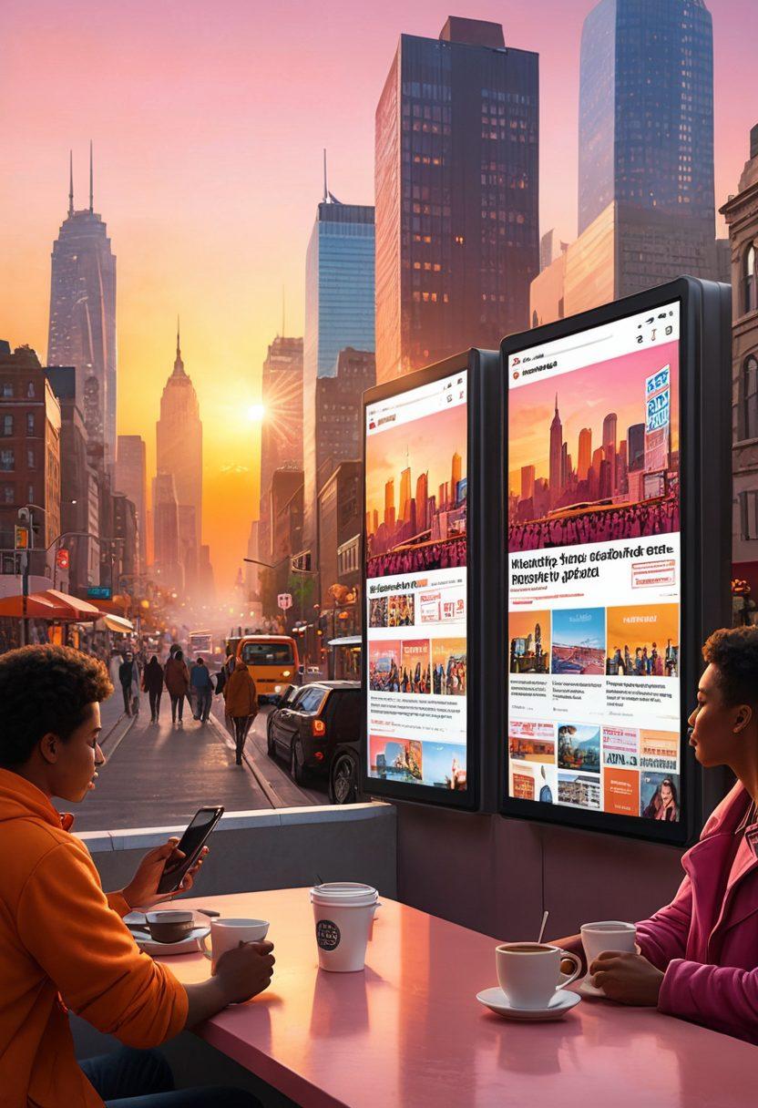 A vibrant city skyline during sunrise, with a diverse group of people reading newspapers and checking their phones, showcasing the dynamic nature of local events. Incorporate elements like coffee cups, headlines, and digital screens displaying news. Capture the essence of community and engagement with a warm color palette. super-realistic. vibrant colors.